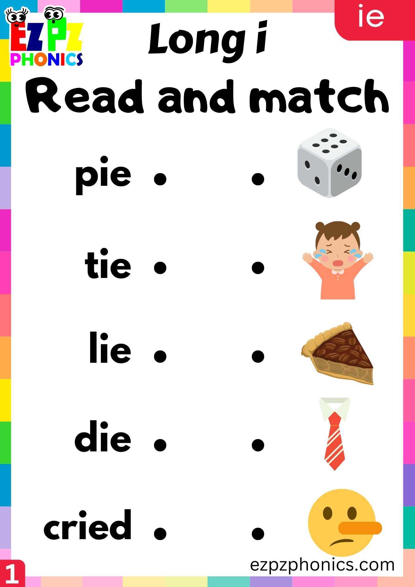 IE Words Read And Match Long I Phonics Worksheet